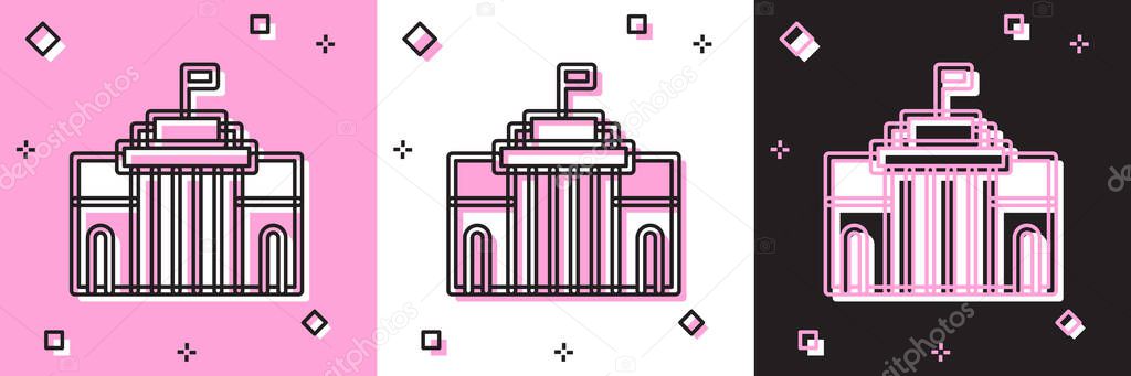 Set Prado museum icon isolated on pink and white, black background. Madrid, Spain. Vector