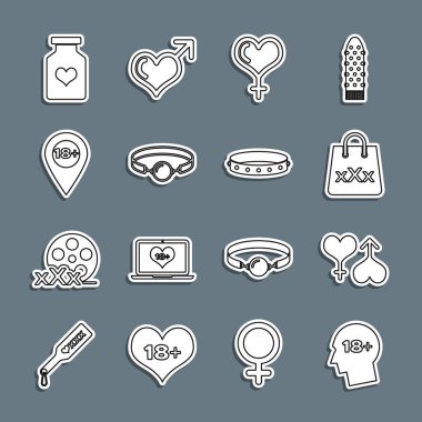 18 yaş üstü, erkek ve kadın kalbi, alışveriş torbası üçlü X, kadın cinsiyeti, silikon topu ağzı, yer, iktidar için şişe hapları ve deri fetişi ikonu. Vektör