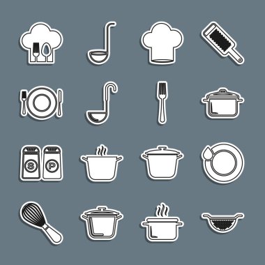 Sıralı mutfak süzgeci, bulaşık makinesi, yemek tenceresi, aşçı şapkası, kepçe, çatal bıçak, kaşık ve çatal ikonu. Vektör