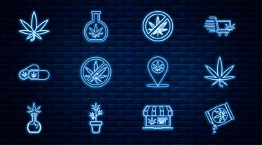 Marihuana ya da kenevir tohumu, yaprak, marihuanayı durdurun, tıbbi haplar, konum ve test tüpü ikonu. Vektör