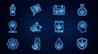 Kalkan ve marihuana, profil başı, Calendar, Cup çayı, konum, kahve, marihuana veya kenevir tohumu ve ikon. Vektör