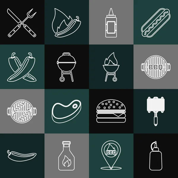 Set line Senfflasche, Barbecue Stahlgitter, Grill, Gekreuzte Chilischote, Gabel und Messer und Symbol. Vektor — Stockvektor