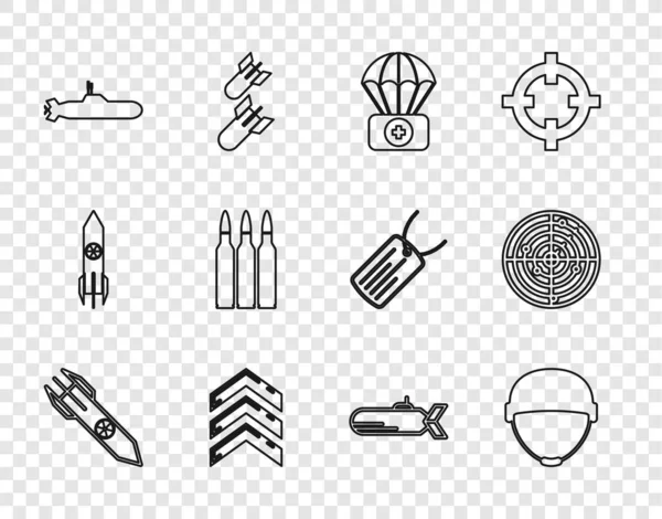 Set line Nukleare Rakete, Militärhelm, Fallschirm mit Verbandskasten, Rang, U-Boot, Kugel und Radar Ziele Symbol. Vektor — Stockvektor