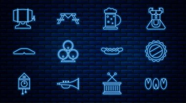 Şişe fındığı, şişe kapağı, tahta bira bardağı, fıçılar, ev yapımı turta, rafta, Hotdog sandviçi ve tezgahlı piknik masası. Vektör