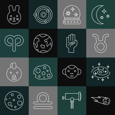 Kuyruklu yıldız çizgisi hızla düşüyor, Samanyolu sarmal gökadası, Boğa burcu, Sihirli top, Dünya gezegeni, Koç, Tavşan ve el ikonunun el yazısı. Vektör