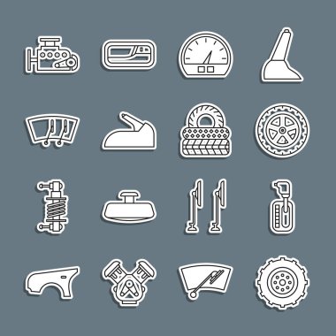 Hat tekeri, vites kolu, hız göstergesi, el freni, silecek, motor ve lastik ikonu ayarlayın. Vektör