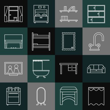 Perdeler, kanepe, musluk, raflar kitaplar, ranza, büyük piyano, pencere perdeleri ve resim ikonu. Vektör