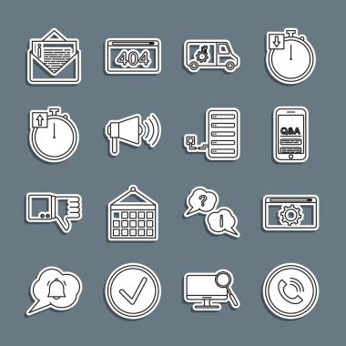 Telefon görüşmesi ayarla, ayarla, mobil soru ve ünlem, araba servisi, megafon, sttopwatch, zarf ve sunucu simgesi. Vektör