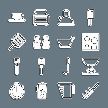Kızartma tavası, elektronik teraziler, elektrikli soba, saplı kettle, tuzlu biber, kahve fincanı ve havan topu ikonu. Vektör