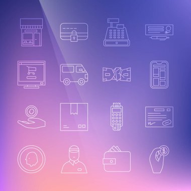 Line Hand 'in elinde bozuk para, çevrimiçi alışveriş telefonu, yazar kasa, teslimat kamyonu, alışveriş arabası bilgisayarı, bina ya da market ve buruşuk kağıt para ikonu var. Vektör