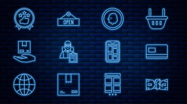 Satır çizgisi buruşmuş kağıt para, kredi kartı, bozuk para, karton kutuları olan teslimatçı, el, tüketici veya müşteri ürün derecesi, çevrimiçi alışveriş telefonu ve asma işareti simgesi açık. Vektör