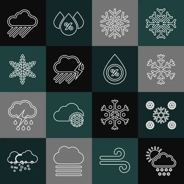 Establecer línea Nube con nieve y sol, Nieve, Copo de nieve, rayos de lluvia, y el icono de porcentaje de gota de agua. Vector — Archivo Imágenes Vectoriales