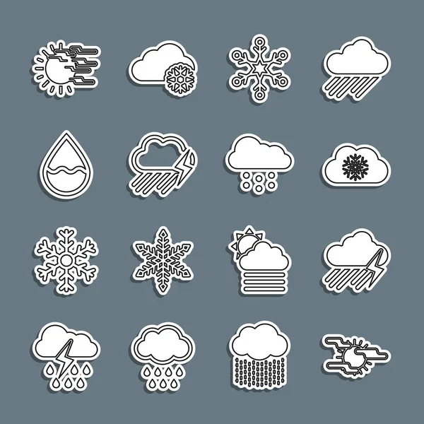 Ställ linje Dimma och sol, moln med regn blixtar, snö, snöflinga, vattendroppe och ikon. Vektor — Stock vektor