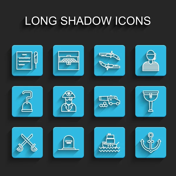 ラインを設定クロス海賊剣、 RIPが書かれたトムストーン、羽ペンとスクロール、船、アンカー、海賊キャプテン、木製の脚と大砲の砲弾アイコンを設定します。ベクトル — ストックベクタ
