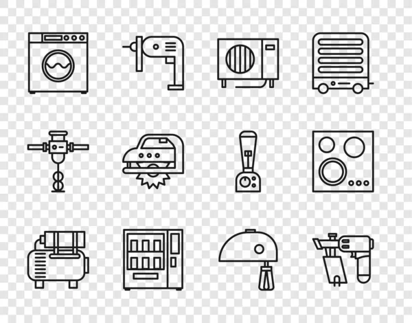 Légkompresszor, szögbelövő, kondicionáló, automata, mosógép, elektromos körfűrész, keverő és gáztűzhely ikon. Vektor — Stock Vector