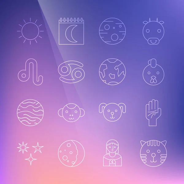 Ställ in linje Tiger Zodiac, Palmistry av handen, Rooster, Planet Mars, Cancer, Leo, Sun och Earth ikonen. Vektor — Stock vektor
