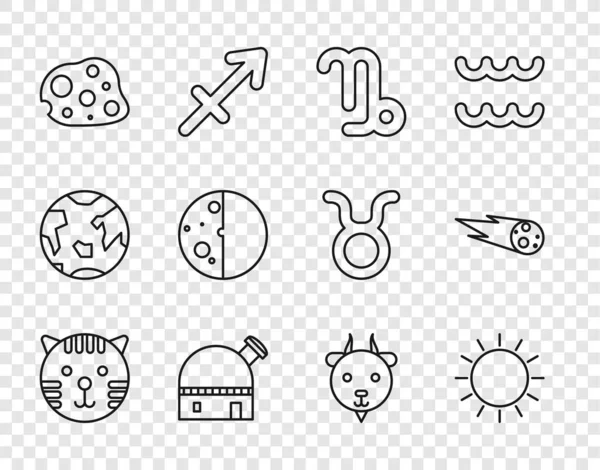 Set line Zodiaque du tigre, Soleil, Capricorne, Observatoire astronomique, astéroïde, Eclipse du soleil, Bélier et comète tombant icône rapide. Vecteur — Image vectorielle