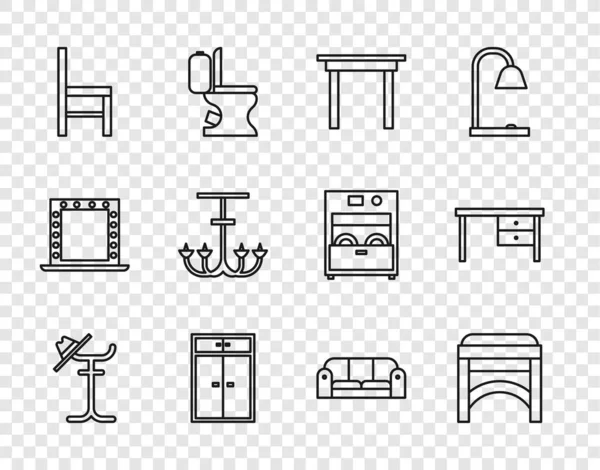 Set Linie Garderobenständer, Stuhl, Holztisch, Kleiderschrank, Kronleuchter, Sofa und Bürotisch Symbol. Vektor — Stockvektor