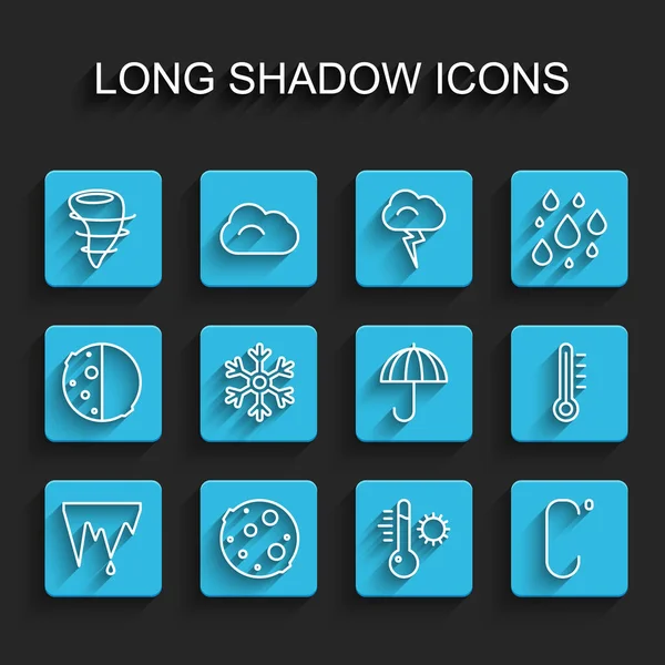 Set line Eiszapfen, Mond, Tornado, Meteorologie Thermometer, Celsius, Schneeflocke und Regenschirm-Symbol. Vektor — Stockvektor