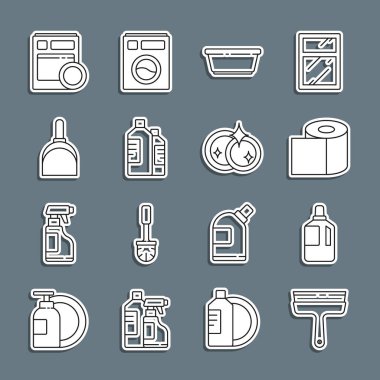 Pencereler için hat temizleyicisi, yumuşatıcı, tuvalet kağıdı rulosu, plastik leğen, şişe temizleme maddesi, faraş, bulaşık makinesi ve bulaşık ikonu. Vektör