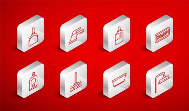 Duş başlığı, su musluğu, yumuşatıcı, bar sabunu, plastik leğen, faraş, süpürge ve dezenfektan şişesi ikonu. Vektör