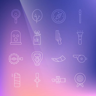 Hat hattı, hedef spor, ıslık, el feneri, pusula, gaz ocağı, kar maskesi, Paw arama ve av tüfeği ikonu. Vektör