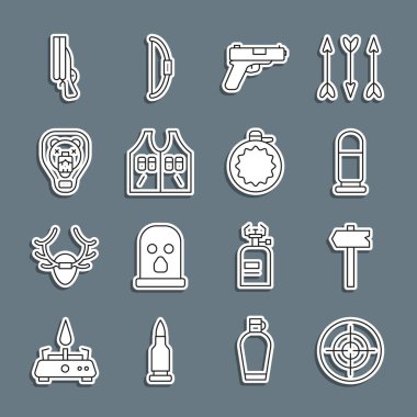 Hedef belirleme sporu, trafik işareti, kurşun, tabanca, av ceketi, kalkanda ayı kafası, av tüfeği ve matara ikonu. Vektör