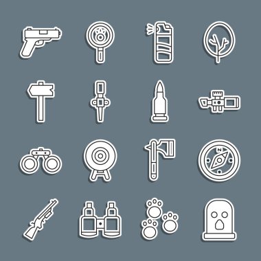 Çizgi, kar maskesi, pusula, keskin nişancı optik görüş, biber gazı, meşale alesi, trafik ışığı, tabanca ve kurşun ikonu. Vektör