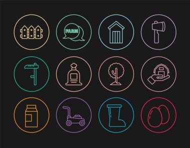 Tavuk yumurtası, çiftlik evi, ahşap tuvalet, çuval, tırpan, bahçe çiti ahşabı, ikonlu ağaç ve konuşma balonu. Vektör