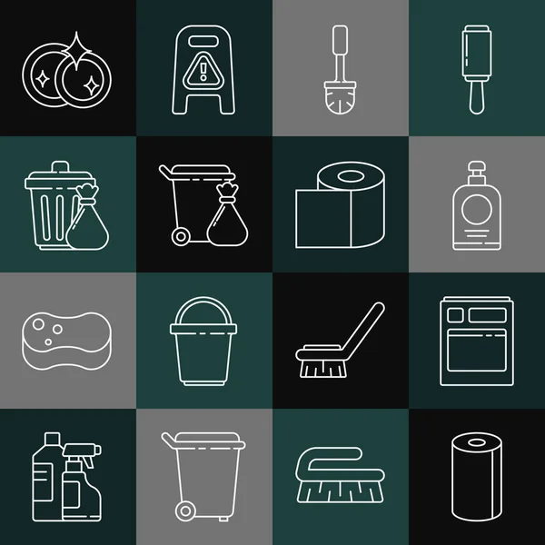 Встановіть лінію Паперовий рушник, кухонну посудомийну машину, пляшку для дезінфікування рук, щітку для туалету, смітник для сміття, посуд і значок паперу. Векторні — стоковий вектор