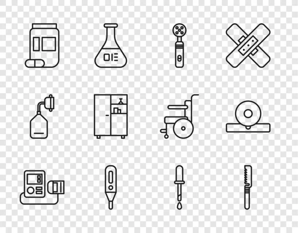 ラインを設定血圧、医療用時計、電動歯ブラシ、デジタル温度計、医療用ボトルと薬、キャビネット、ピペットと耳鼻咽喉科ヘッドリフレクターアイコン。ベクトル — ストックベクタ