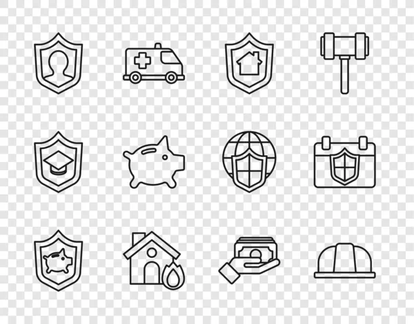 Set line Piggy bank with shield, Worker safety helmet, House, Fire in burning house, Life insurance, Stacks paper money cash and Calendar icon. Vector — Stock Vector