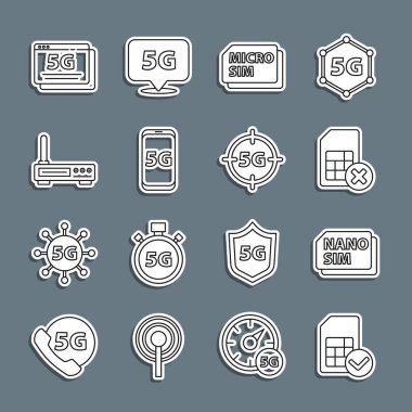 Sim kartı, Nano Kart, reddedildi, Micro, Mobile 5G ağı, Router ve wi-fi sinyali ve simgesi ile birlikte. Vektör