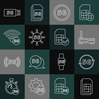 Sim kart, 5G ağ, Router ve wi-fi sinyali, modem ve simge ayarla. Vektör
