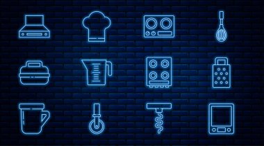 Elektronik teraziler, Grater, gaz ocağı, ölçü kabı, tencere, mutfak vantilatörü ve şef şapkası ikonu. Vektör