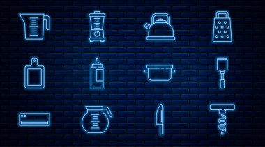 Şerit şarap tirbuşonu, Spatula, saplı kettle, sos şişesi, kesme tahtası, ölçüm kabı, pişirme kabı ve blender ikonu. Vektör