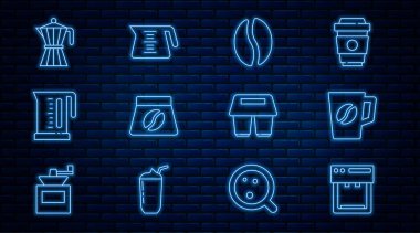 Kahve makinesi, kahve fincanı, fasulye, poşet kahve, elektrikli su ısıtıcısı, moca demlik. Vektör