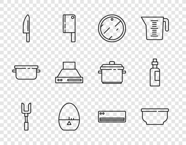 Set lijn Barbecue vork, Schaal, Cutting board, Keuken timer, Mes, dampkap, Airconditioner en Fles van olijfolie icoon. Vector — Stockvector