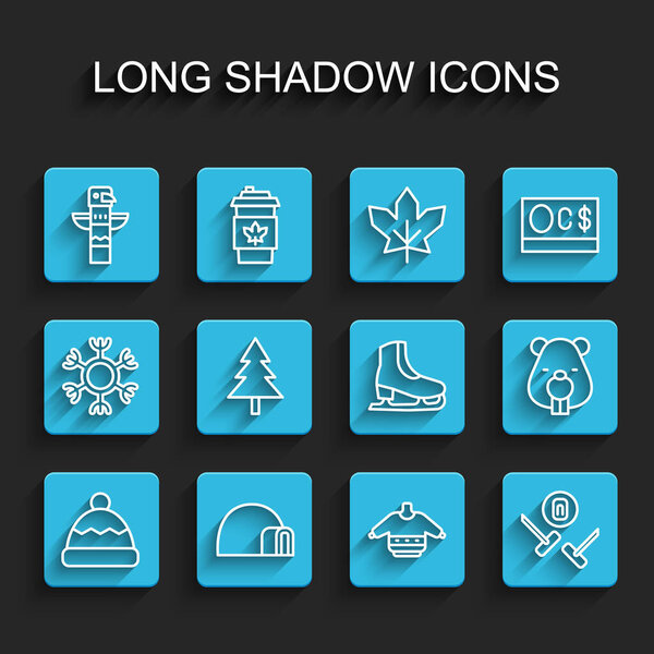 Шляпа из бисера, ледяной домик Igloo, канадский тотем, рождественский свитер, спортивная игра по керлингу, дерево, зверек и коньки. Вектор