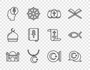 Müslüman Camii, Yıldız ve Hilal, Paskalya yumurtası, zincirli, Haç Ankh, kitap ve Hristiyan balık ikonu. Vektör