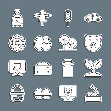 Bahçe hortumu, bitki, domuz, buğday, yumurtanın içindeki küçük civciv, ayçiçeği, tohum dolu bitki ve ağaç ikonu. Vektör