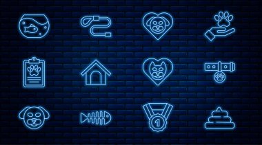 Set line Shit, Collar with name tag, Heart dog, Dog house, Clinical record pet, Aquarium fish, cat and Retractable leash icon. Vector