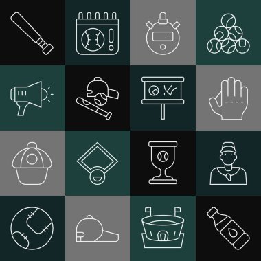 Su şişesi, beyzbol koçu, eldiven, Stopwatch, beyzbol sopası, şapkalı, megafon ve planlama stratejisi ikonu. Vektör