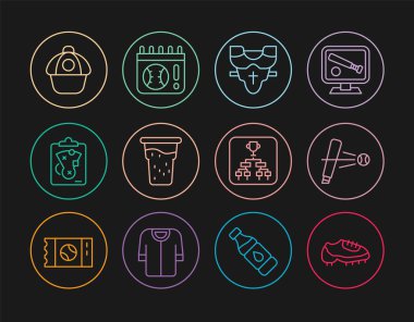 Çizgili beyzbol çizmesi, beysbol sopası, oyuncu göğüs koruyucusu, bir bardak bira, planlama stratejisi, şapka, şampiyonluk turnuvasındaki destekler ve takvim beyzbol ikonu. Vektör