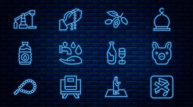 Hoparlör, dilsiz, domuz, flört meyvesi, Wudhu, su şişesi, yağ pompası ya da pompa, cam ve el dua eden şarap şişesi ikonu. Vektör