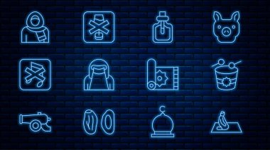 Müslüman erkek namazı, Ramazan davulu, parfüm, niqab 'lı kadın, konuşmacı dilsiz, tesettür, geleneksel halı ve alkol ikonu yok. Vektör