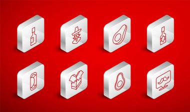 Bıyık, Meksikalı sombrero, Avokado meyvesi, Tabasco sosu, Pancho ve Burrito ikonu. Vektör