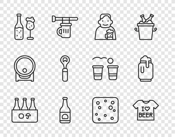 Set line Pack of beer bottles, Beer T-shirt, Happy man with, and glass, Bottle opener, bubbles and can foam icon. Vector — Stock Vector