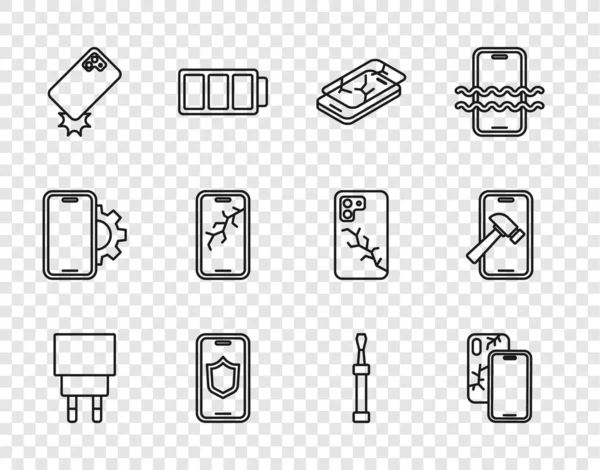 Set line-Ladegerät, Handy mit kaputtem Bildschirm, Schild, Schocksicheres Telefon, Schraubenzieher und Symbol. Vektor — Stockvektor