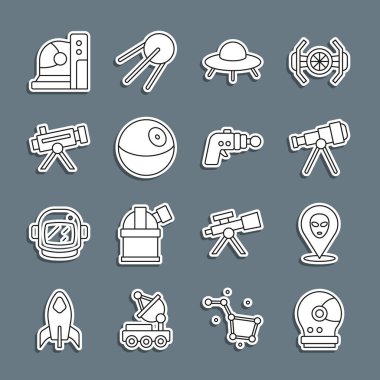 Astronot miğferi, Uzaylı, Teleskop, UFO uçan uzay gemisi, Planet ve Ray silah ikonu. Vektör